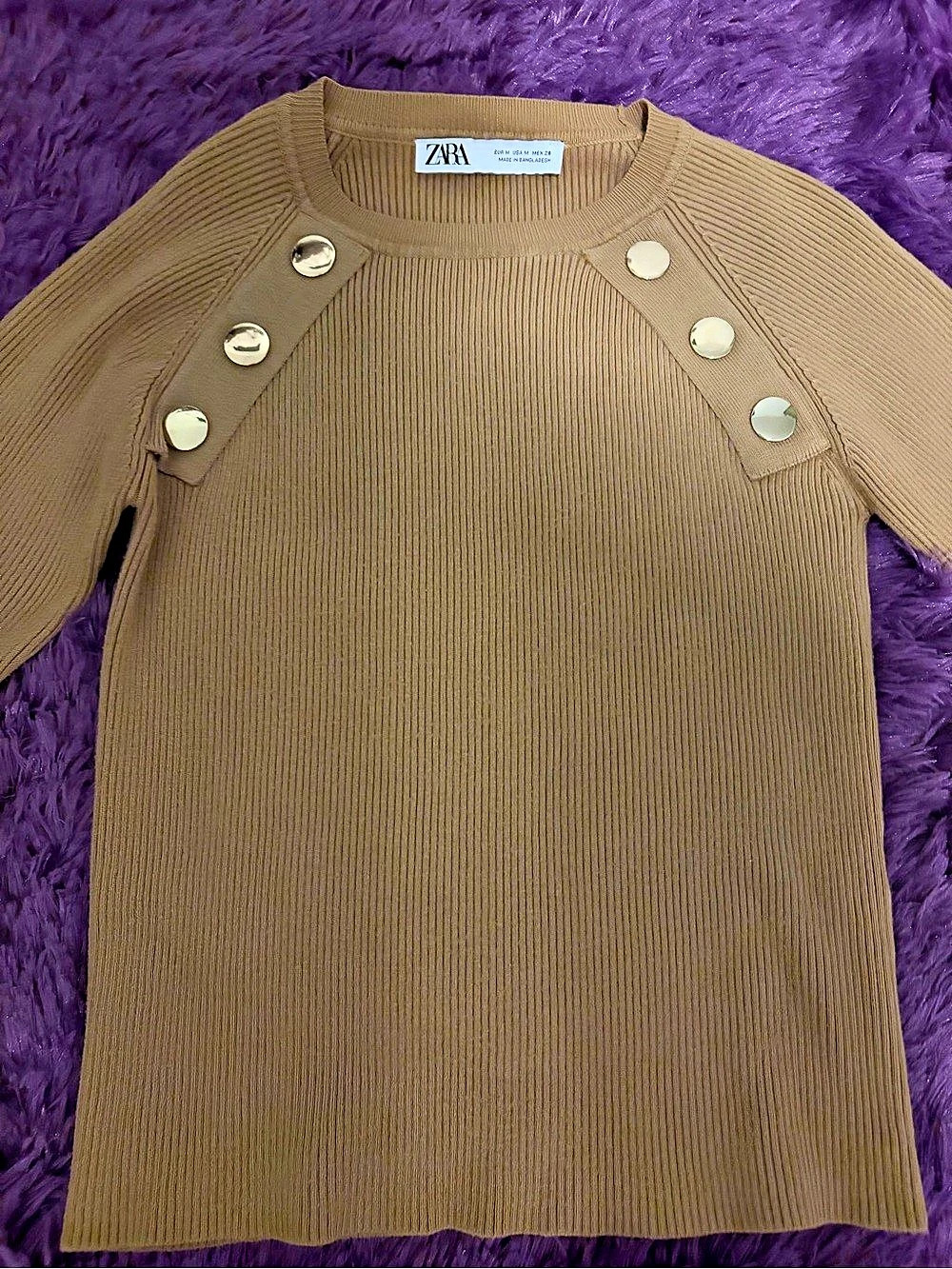Zara Button Shoulder Ribbed Sweater Brown Medium